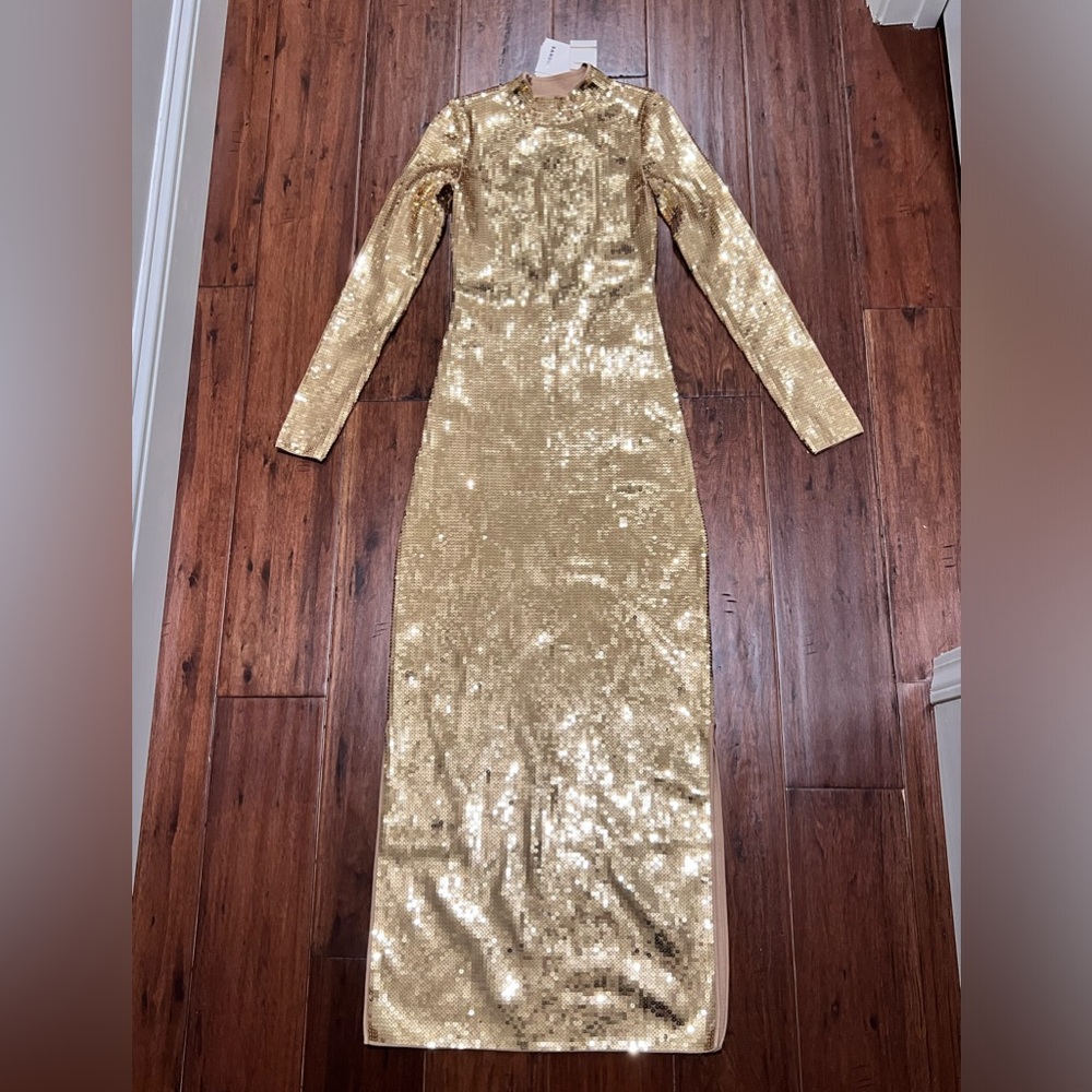 SANDRO Dore’ Gold Midi Dress Squin New $585- side split sexy bodycon BDay Bash🤩 - Picture 13 of 15